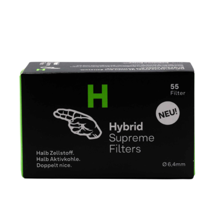 Комплект целулозни филтри за навиване на цигари Hybrid Supreme, 6.4mm, активен въглен, 55 броя