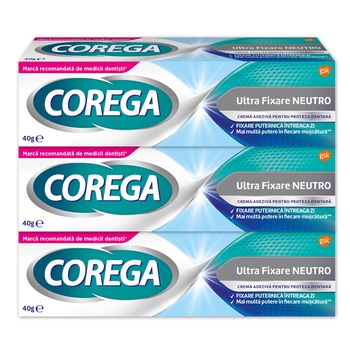 Pachet Promo: Crema adeziva pentru proteza dentara Corega Ultra Fixare Neutro, 40 g x 3 bucati Pachet Promo: Crema adeziva pentru proteza dentara Corega Ultra Fixare Neutro, 40 g x 3 bucati