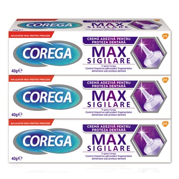 Pachet Promo: Crema adeziva pentru proteza dentara Corega Max Sigilare, 40 g x 3 bucati Pachet Promo: Crema adeziva pentru proteza dentara Corega Max Sigilare, 40 g x 3 bucati