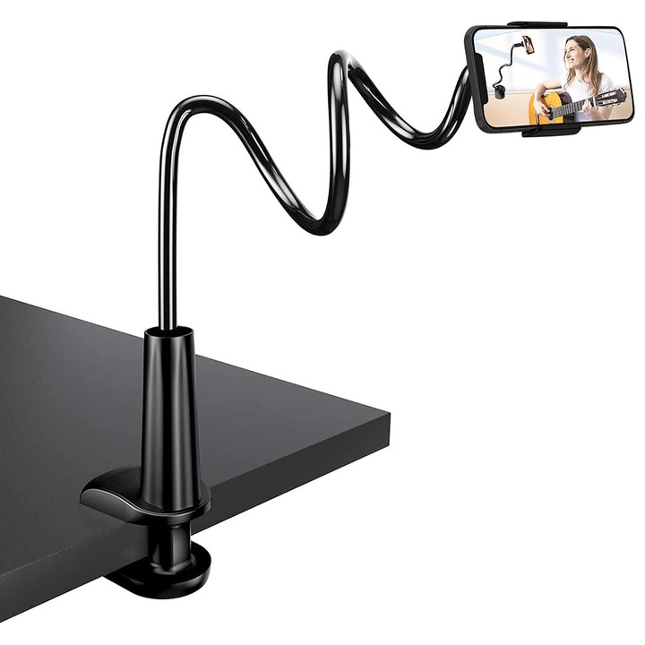 Suport pentru telefon mobil, BOMSTOM, clema universala pentru telefon mobil si tableta, reglabil la 360 de grade, Negru