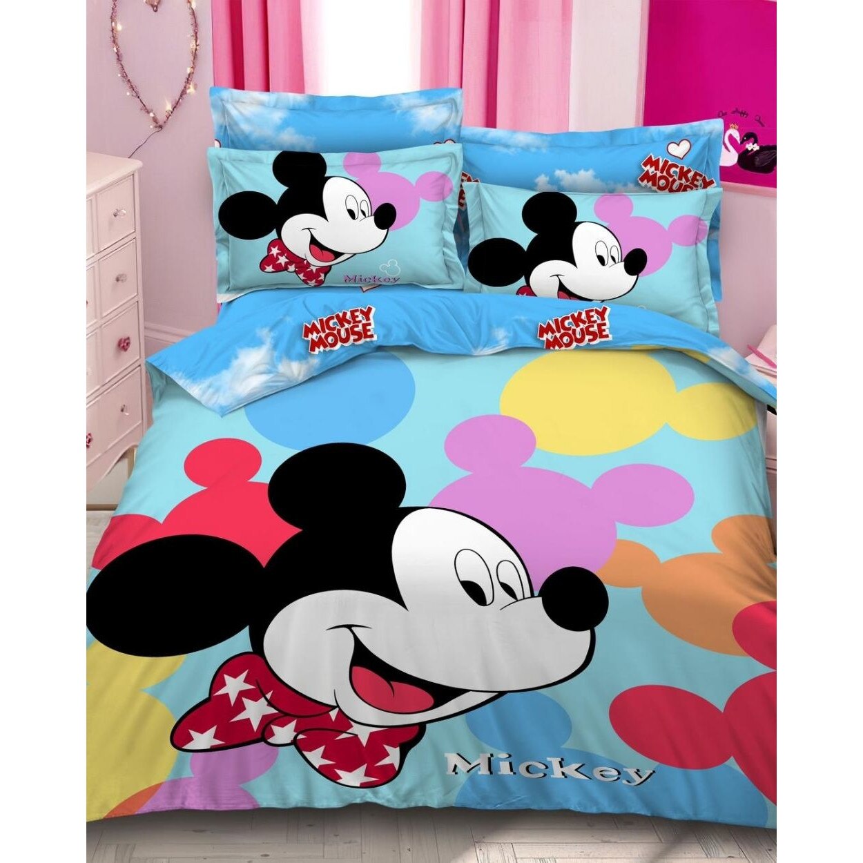 Set Lenjerie Bumbac Finet cu 2 Fete, 6 Piese, Pat 2 Persoane, Multicolor Mouse, A2-48