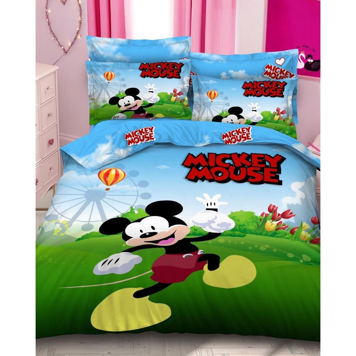 Set Lenjerie Bumbac Finet cu 2 Fete, 6 Piese, Pat 2 Persoane, Mouse Runing, A2-45