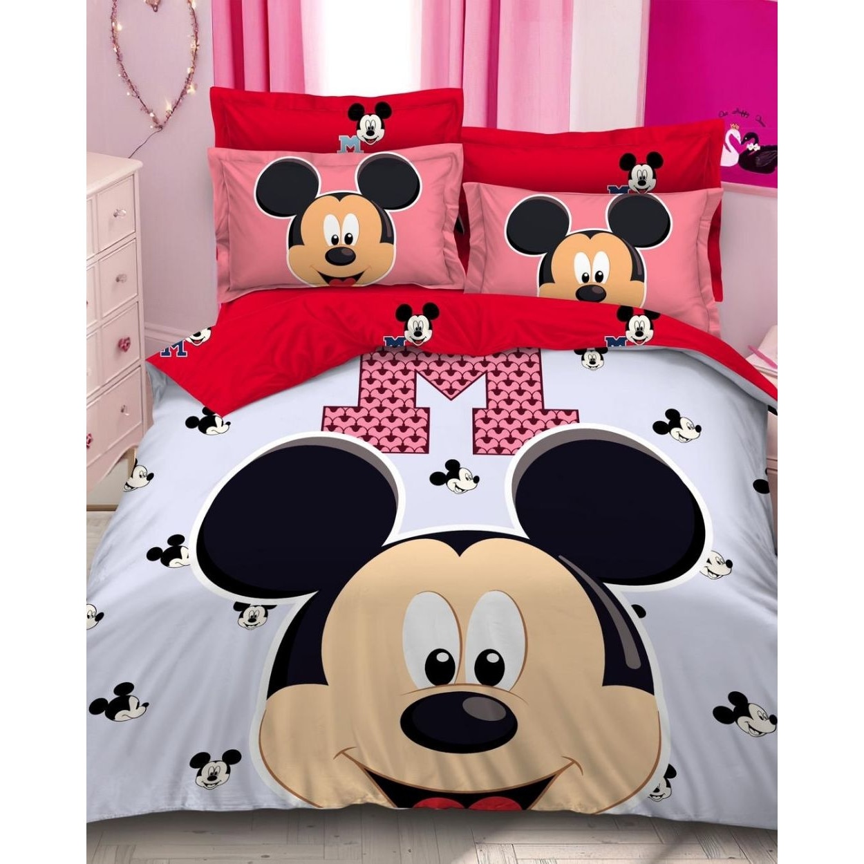 Set Lenjerie Bumbac Finet cu 2 Fete, 6 Piese, Pat 2 Persoane, Mouse Face, A2-44