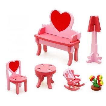Mobilier din lemn pentru papusi, living roz cu model inimioare, scaunel, masuta si alte accesorii de jucarie Mobilier din lemn pentru papusi, living roz cu model inimioare, scaunel, masuta si alte accesorii de jucarie
