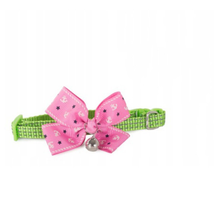 zgarda pentru catei zola ajustabila din material textil verde cu fundita roz si clopotel imagen 47_1_
6