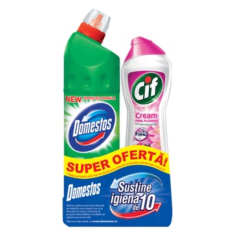 Pachet curatenie: Dezinfectant universal Domestos Pine, 750 ml + Crema curatare suprafete Cif Pink, 500 ml Pachet curatenie: Dezinfectant universal Domestos Pine, 750 ml + Crema curatare suprafete Cif Pink, 500 ml
