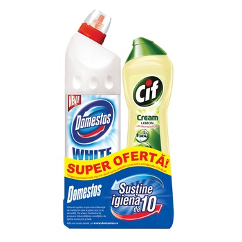 Pachet Dezinfectant Domestos White, 750 ml + Crema suprafete Cif Lemon, 500 ml Pachet Dezinfectant Domestos White, 750 ml + Crema suprafete Cif Lemon, 500 ml