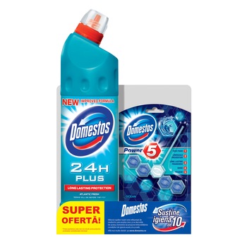 Pachet Dezinfectant Domestos Atlantic, 750 ml + Odorizant toaleta Domestos 3in1 Ocean, 40 g Pachet Dezinfectant Domestos Atlantic, 750 ml + Odorizant toaleta Domestos 3in1 Ocean, 40 g