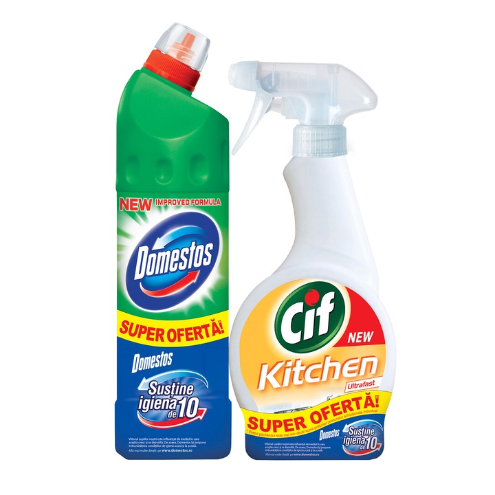 Pachet Dezinfectant Domestos Pine, 750 ml + Spray bucatarie Cif, 500 ml