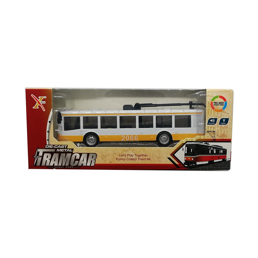 Trolebuz din metal, Tramcar, 22cm, model clasic, cu lumini si sunete, alb-galben, Vision®