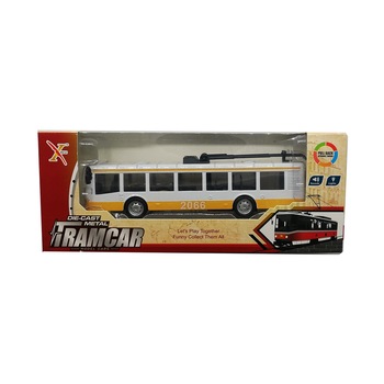 Trolebuz din metal, Tramcar, 22cm, model clasic, cu lumini si sunete, alb-galben, Vision® Trolebuz din metal, Tramcar, 22cm, model clasic, cu lumini si sunete, alb-galben, Vision®