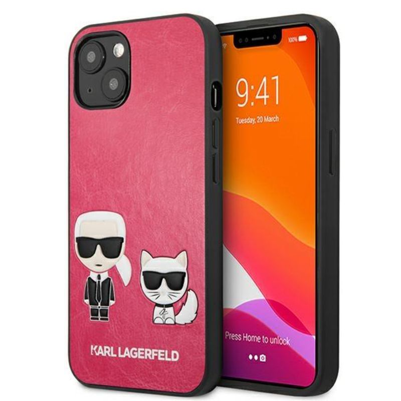Husa Karl Lagerfeld Ikonik Karl & Choupette compatibila cu iPhone 13, Fuchsia