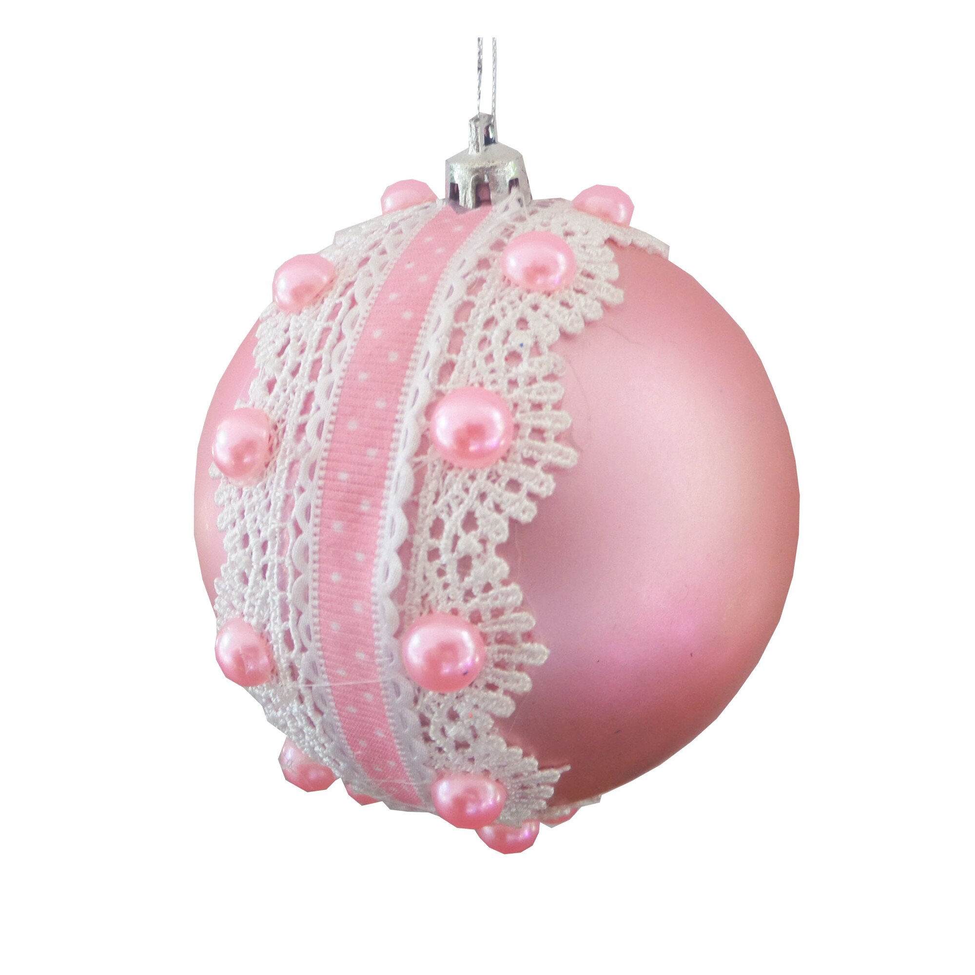 Glob de Craciun Roz cu Buline Dantela si Perle 10 cm
