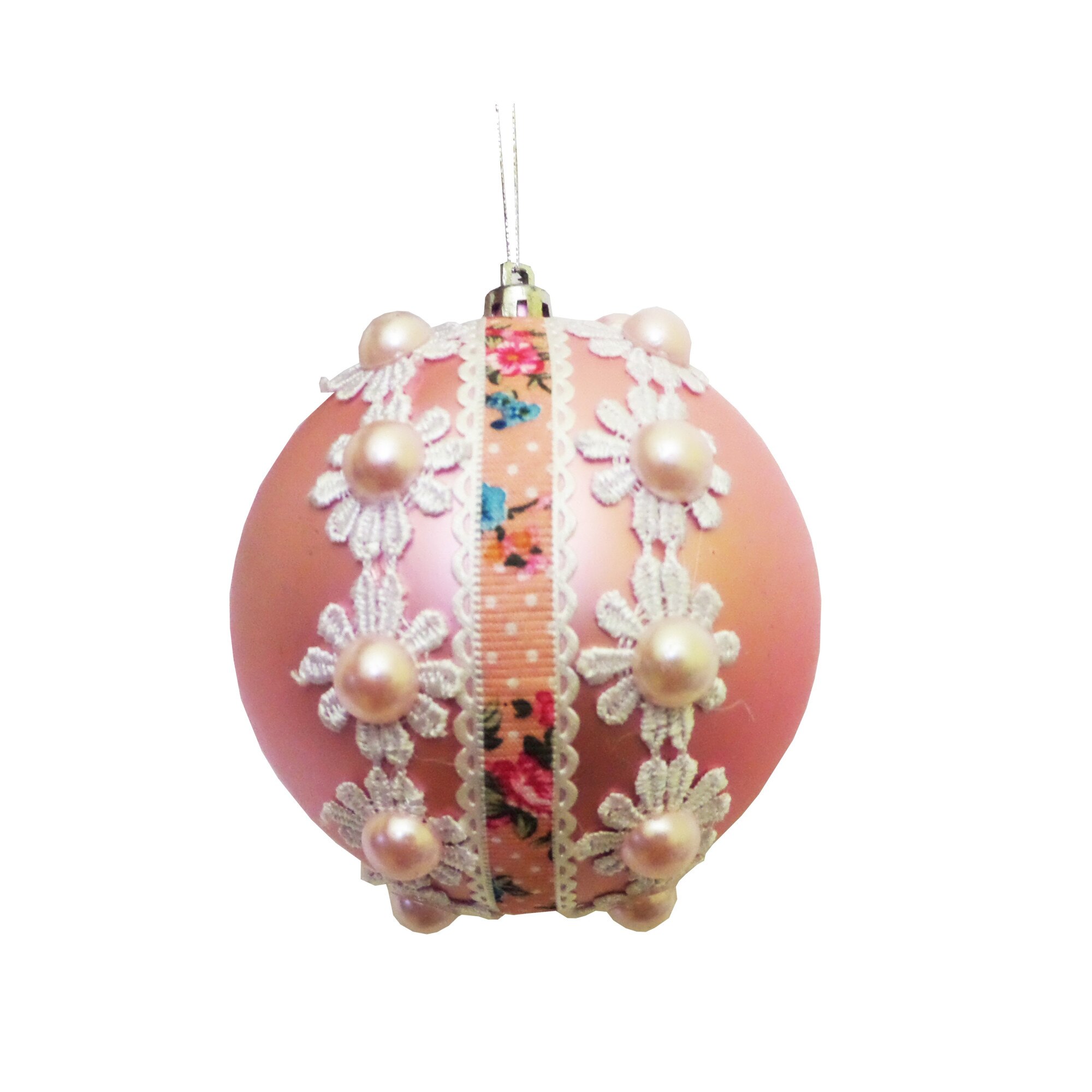 Glob de Craciun de 10 cm Roz-Piersica cu Flori si Perle