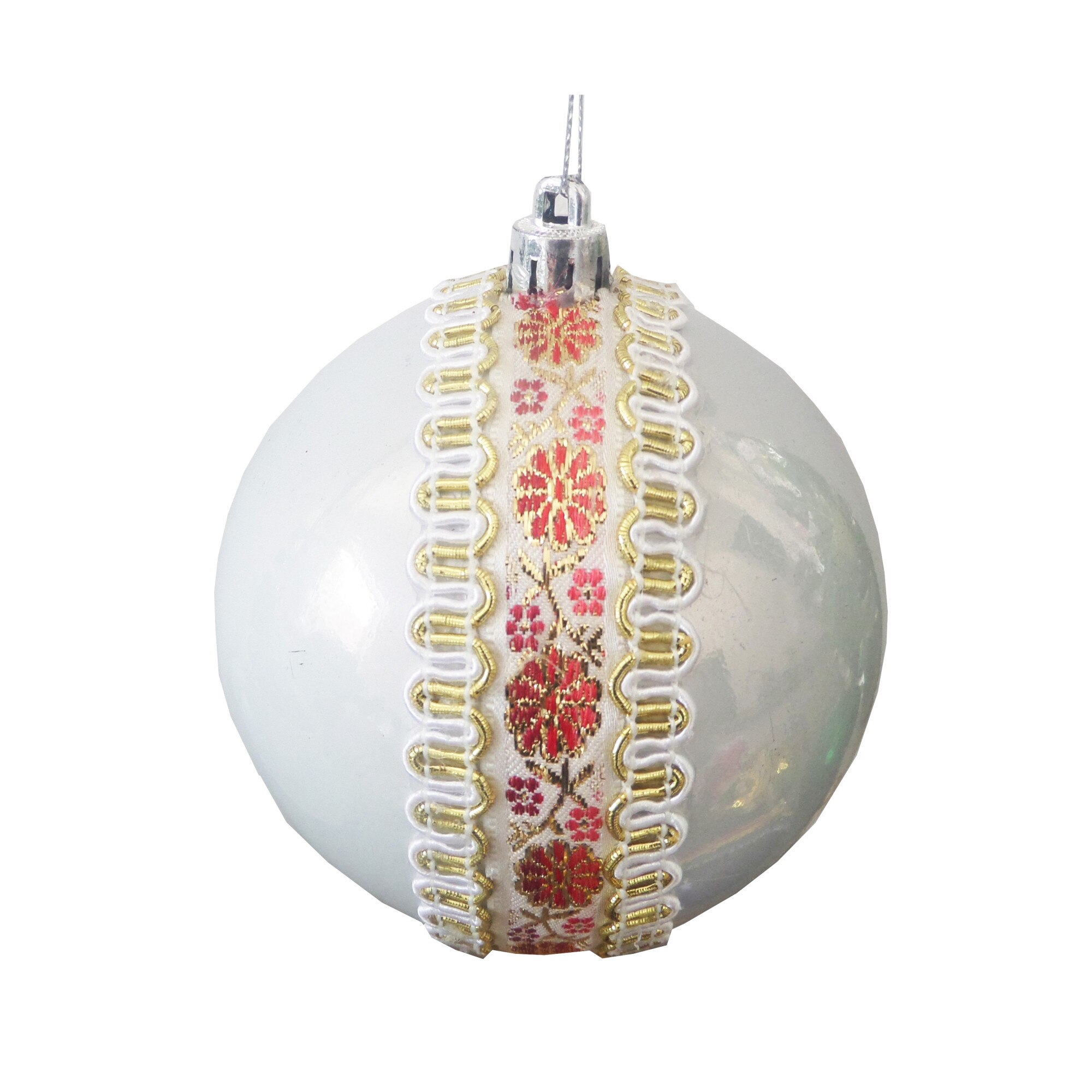 Glob de Craciun 10 cm Alb-Visiniu cu Motive Taranesti Margarete