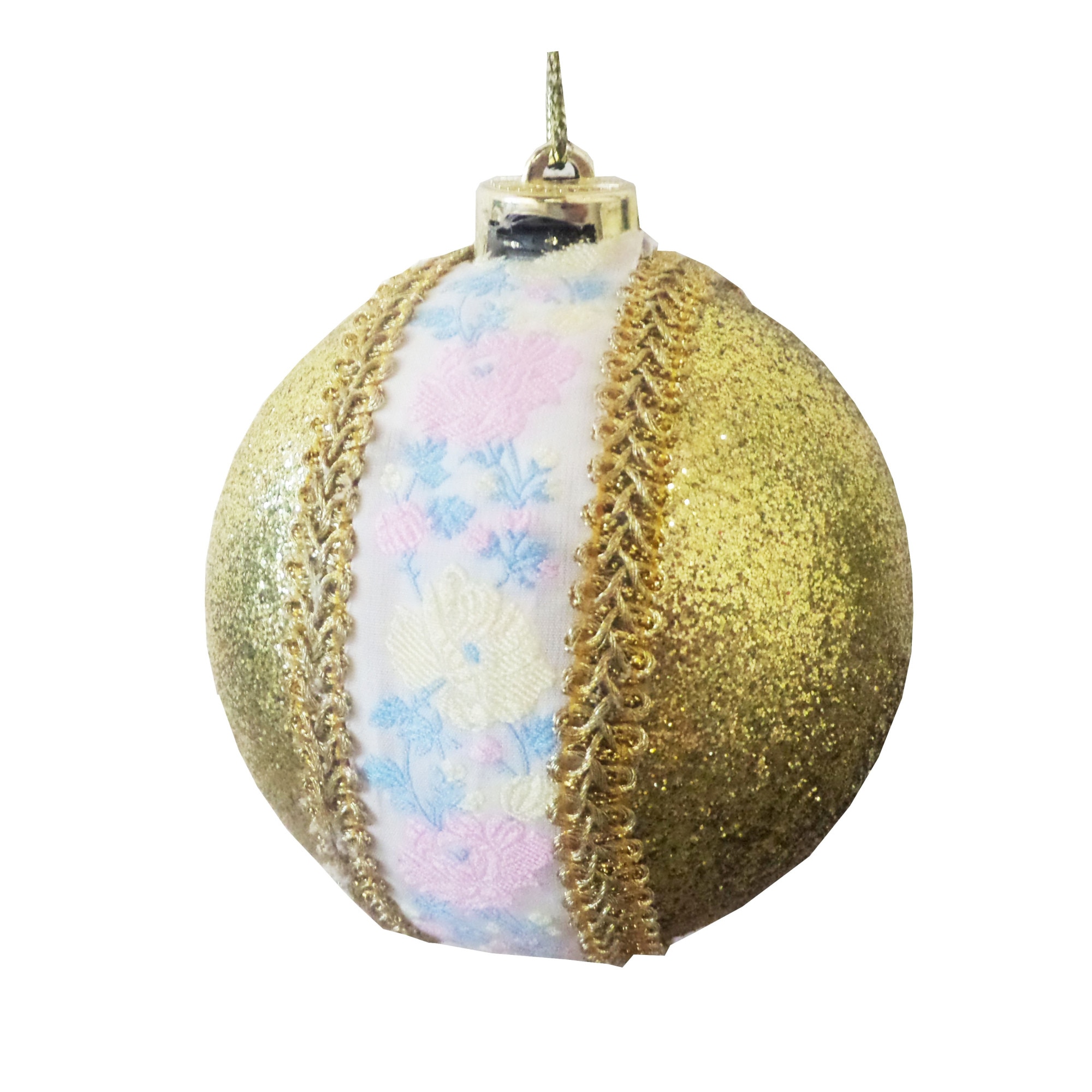 Glob de Craciun 12 cm Auriu Glitter Motive Taranesti Flori Roz-Mov