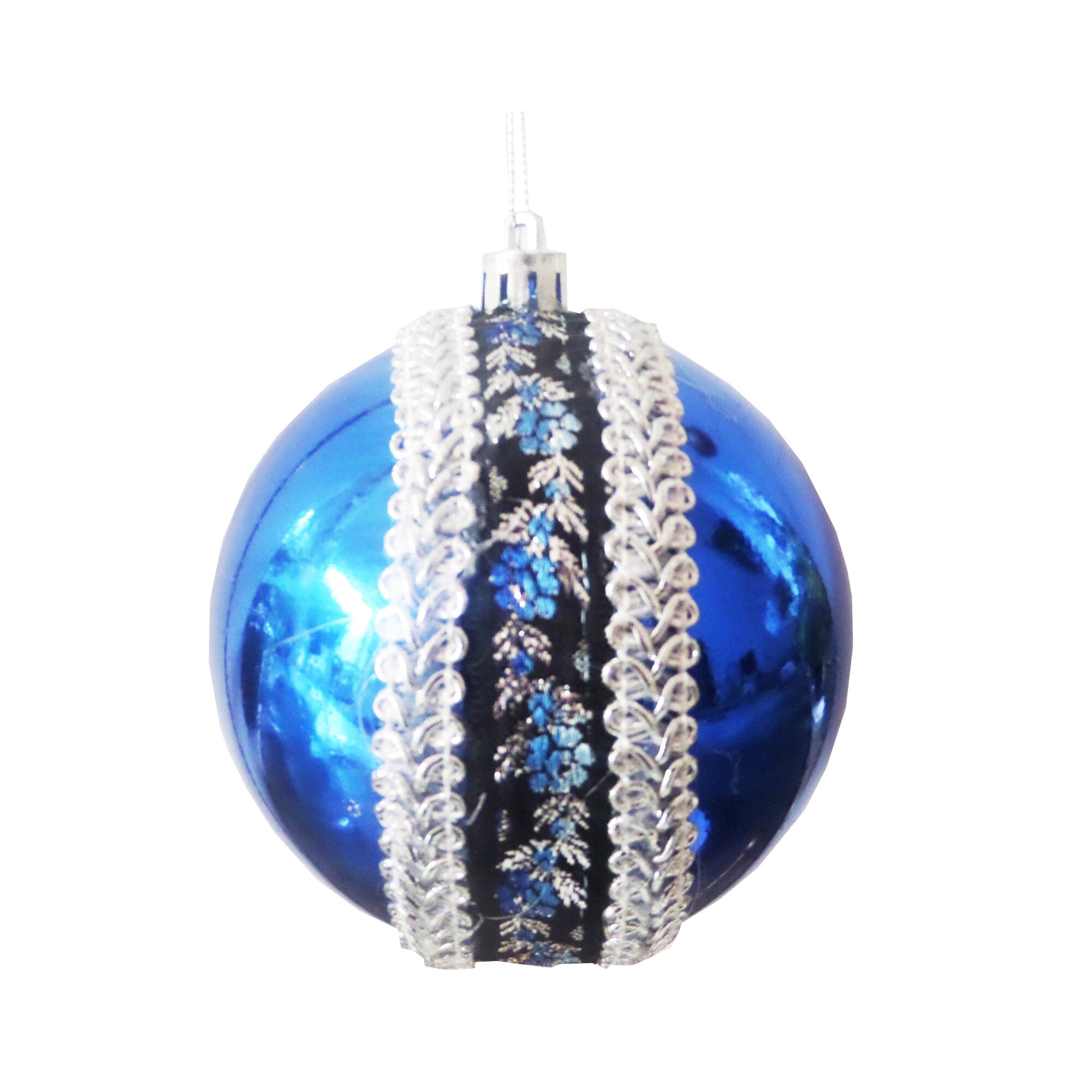 Glob de Craciun 10 cm Albastru-Argintiu cu Motive Taranesti Trandafiri