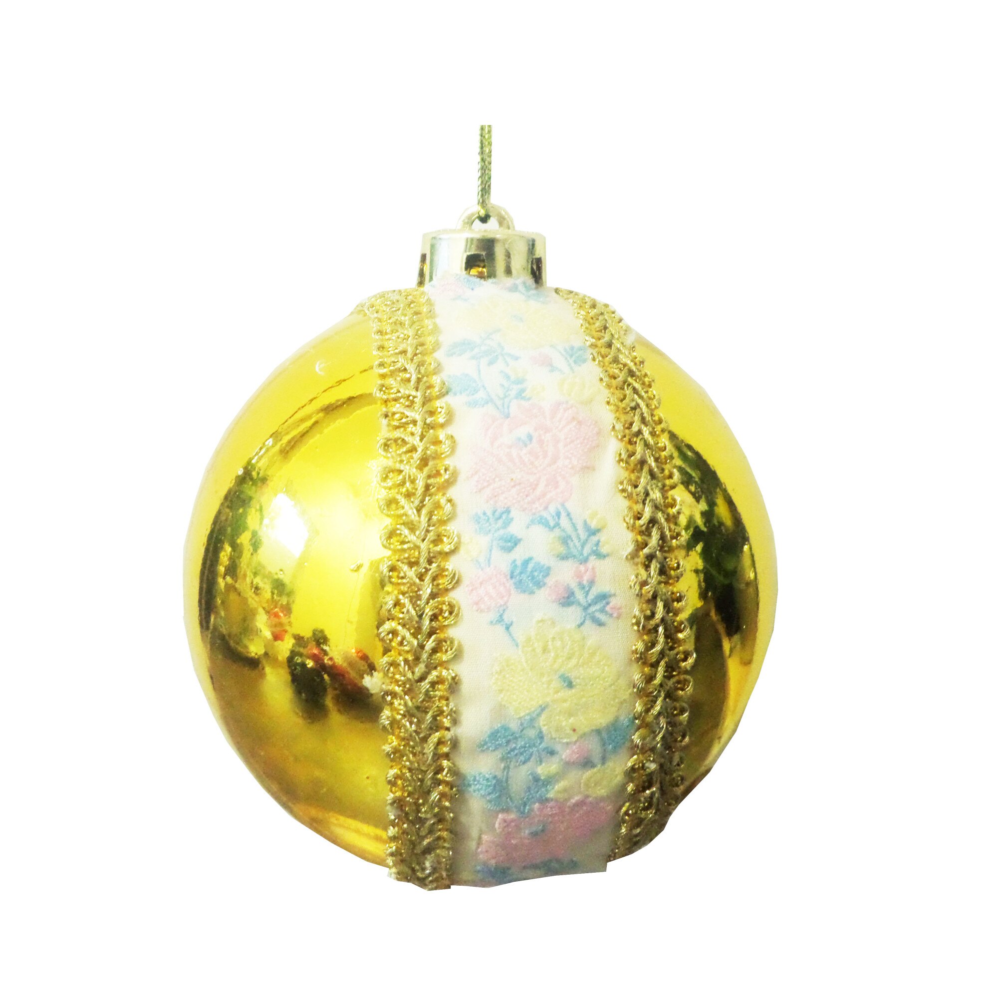 Glob de Craciun 12 cm Galben-Gold cu Motive Taranesti Flori Roz-Mov