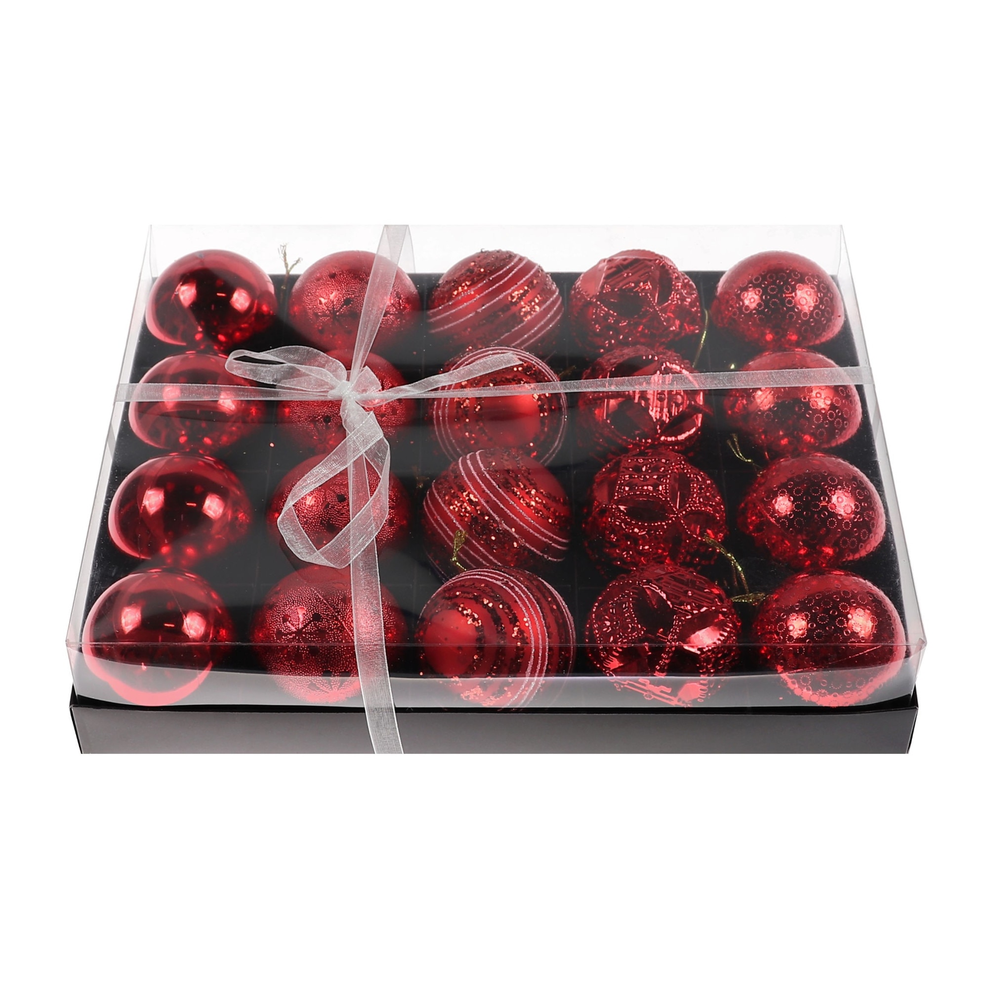Set 20 bucati Globuri Craciun, rosii, diametru 6 cm, aspect lucios cu modele diferite
