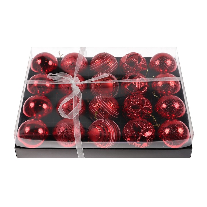 Set 20 bucati Globuri Craciun, rosii, diametru 6 cm, aspect lucios cu modele diferite