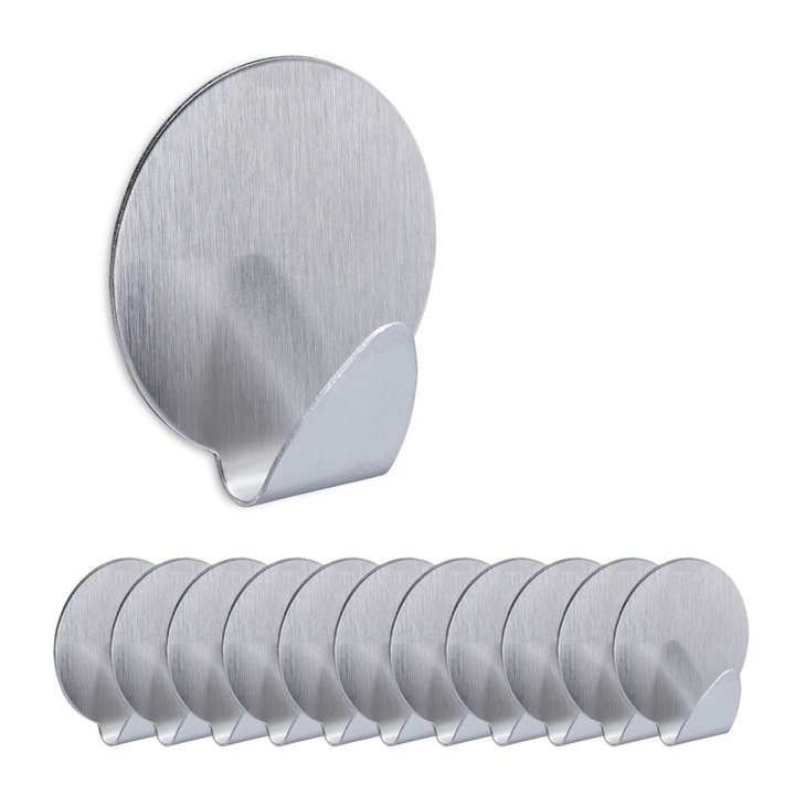 Cuiere autoadezive, set 12 bucati, rotunde, inox, argintiu