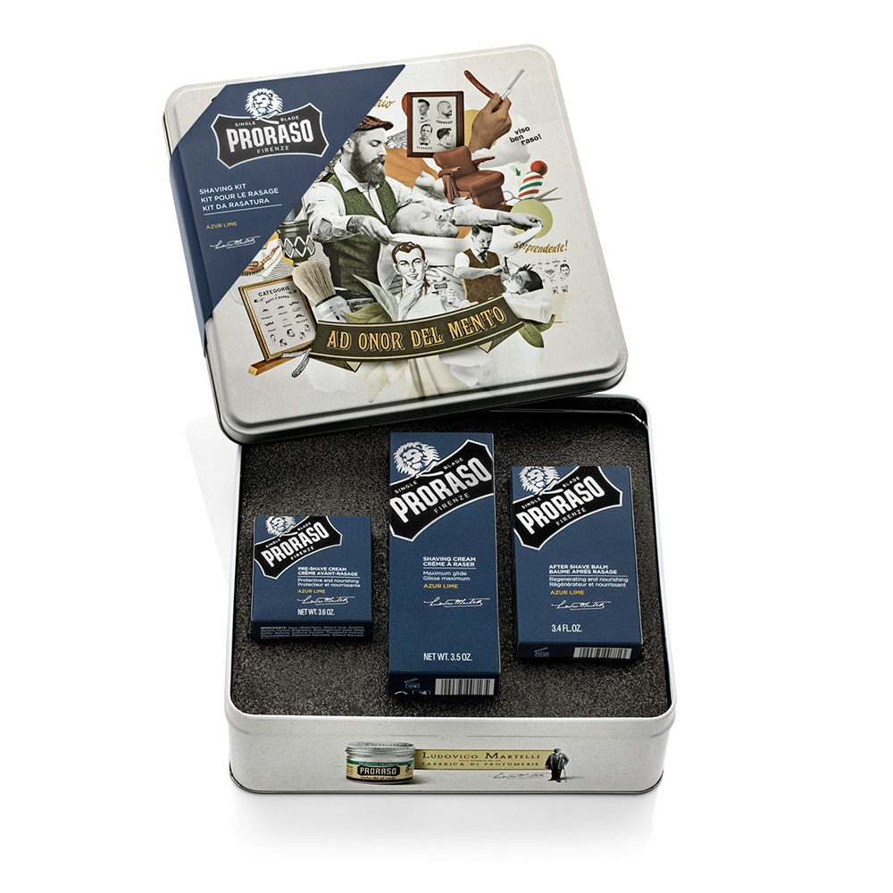 Set de barbierit cu after shave balsam 100 ml, crema de barbierit 100 ml si crema pre-shave 100 ml, Proraso, Azur Lime