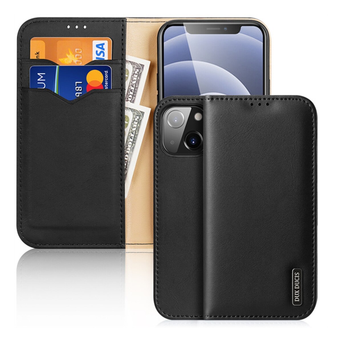 Husa tip Carte pentru iPhone 13 Mini DuxDucis, Piele naturala, Negru