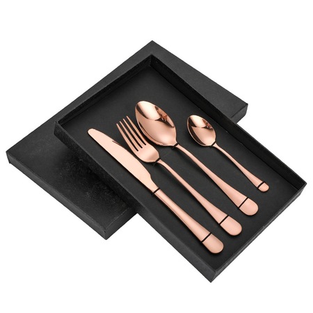 Set 4 tacamuri, BOMSTOM, 1x cutit, 1 x furculita, 1 x lingura, 1 x ingurita, otel inoxidabil, Rose Gold