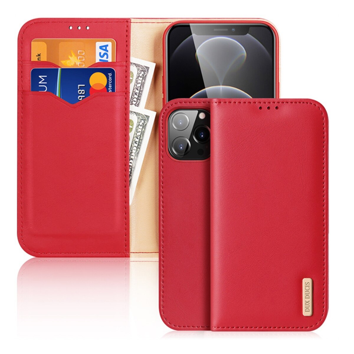 Husa tip Carte pentru iPhone 13 Pro Max DuxDucis Hivo, Piele naturala, Rosu