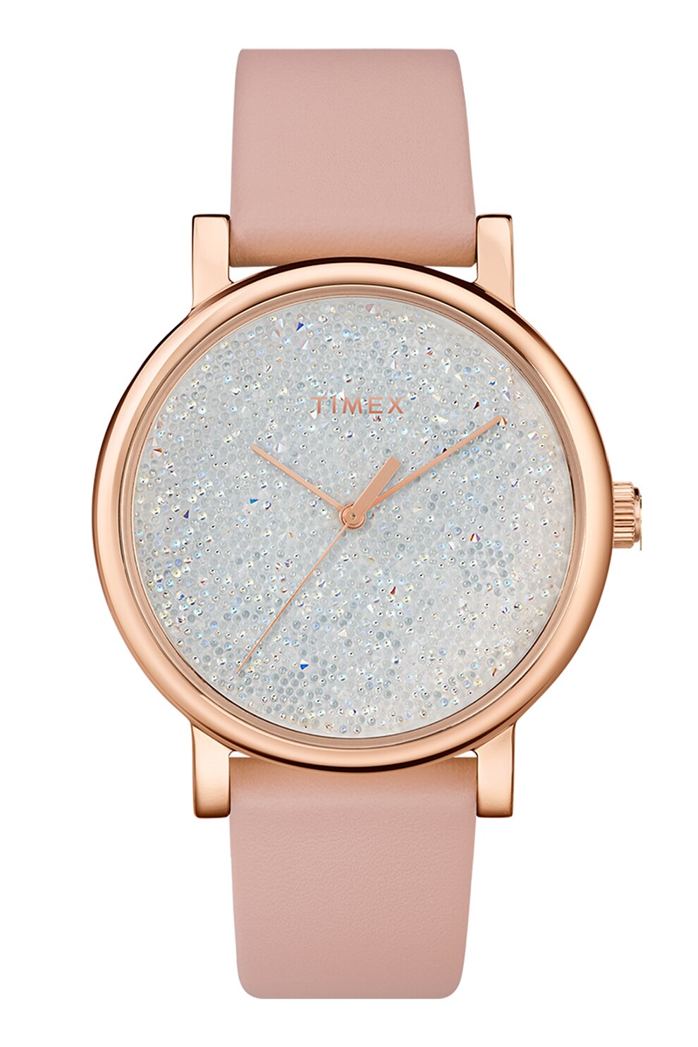 Timex, Ceas cu o curea din piele si decorat cu cristale Crystal Opulence 38 MM, Roz pal/Auriu