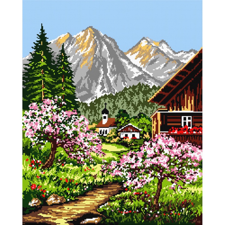 Goblen Primavara , Hudemas , kit cu diagrama alb-negru , cu fire mouline 20x25cm