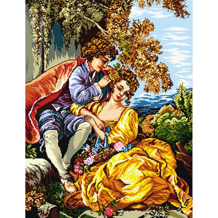 Goblen Tineri indragostiti , Hudemas , kit cu diagrama alb-negru , cu fire mouline 23x30cm