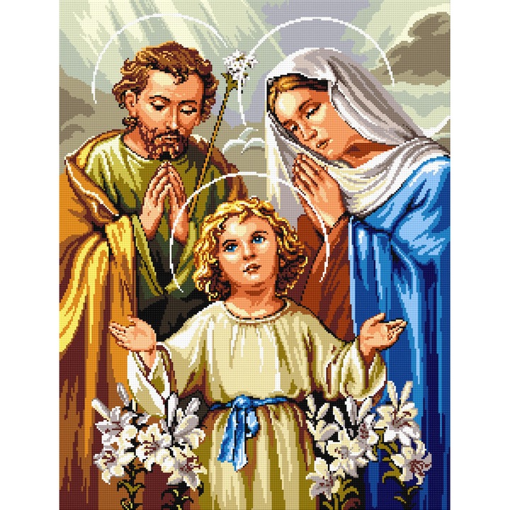 Goblen Sfanta familie , Hudemas , kit cu diagrama alb-negru , cu fire mouline 23x30cm