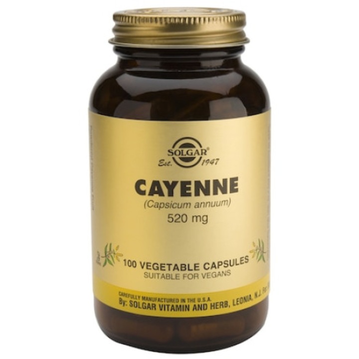 Táplálék kiegészítő Cayenne bors por 520 mg Solgar, 100 kapszula