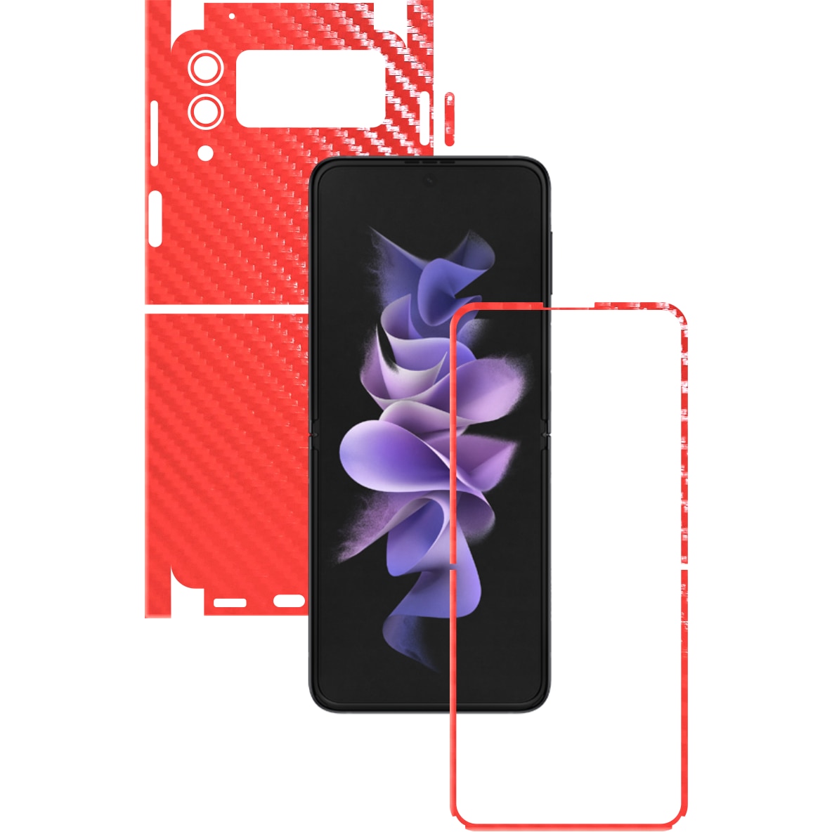 Folie Protectie Carbon Skinz pentru Samsung Galaxy Z Flip3 5G - Carbon Rosu 360 Cut, Skin Adeziv Full Body Cover pentru Rama Ecran, Carcasa Spate si Laterale
