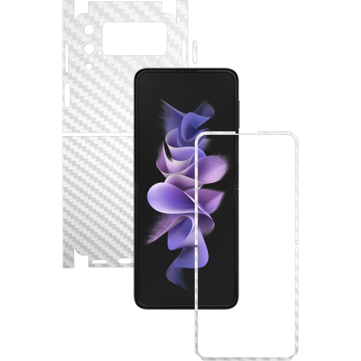 Folie Protectie Carbon Skinz pentru Samsung Galaxy Z Flip3 5G - Carbon Alb 360 Cut, Skin Adeziv Full Body Cover pentru Rama Ecran, Carcasa Spate si Laterale