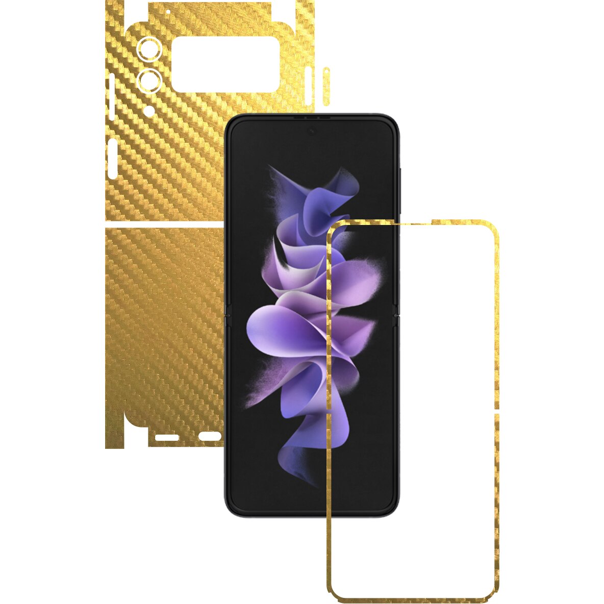 Folie Protectie Carbon Skinz pentru Samsung Galaxy Z Flip3 5G - Carbon Auriu 360 Cut, Skin Adeziv Full Body Cover pentru Rama Ecran, Carcasa Spate si Laterale