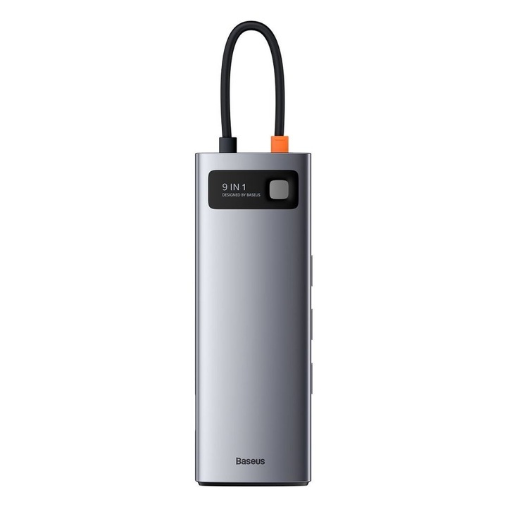 Хъб Baseus Metal Gleam CAHUB-CU0G, 9в1, USB-C, 3x USB 3.2 Gen 1, 5Gbps, USB-C, PD, 100W, VGA, Full HD, 60Hz, HDMI 4K, 30Hz, TF, SD, RJ45 1Gbps, сив