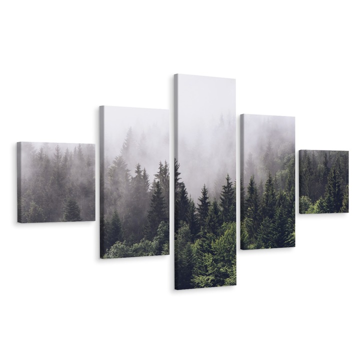Set Tablou 5 piese PADURE IN CEATA Natura 250cm x 150cm Canvas, Peisaj, Efect 3D, Panza pe cadru de lemn, Decoratiuni Moderne pentru Casa