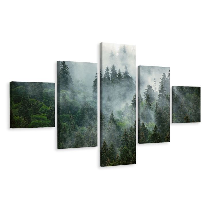 Set Tablou 5 piese PADURE IN CEATA Verde Decor 250cm x 150cm Canvas, Panza pe cadru de lemn, Creative decor