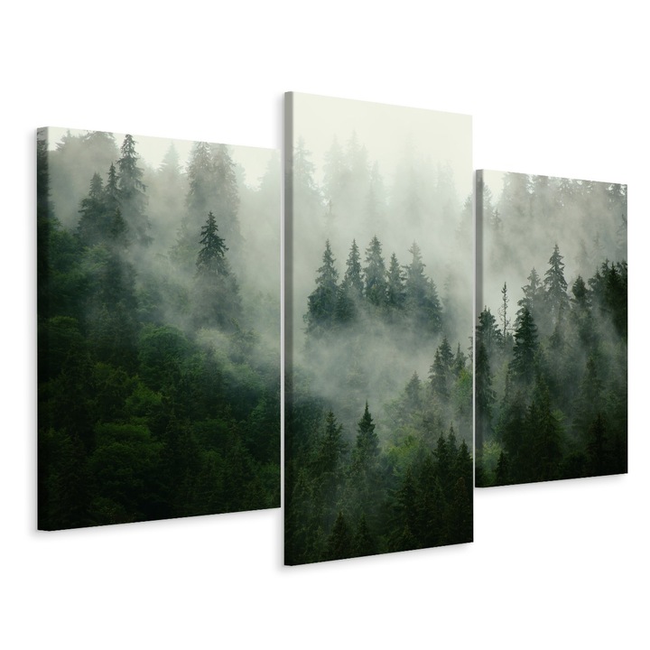 Set Tablou 3 piese pentru Perete Triptic PADURE IN CEATA Decor 60cm x 40cm Panza pe cadru de lemn, Decoratiuni Moderne pentru Casa