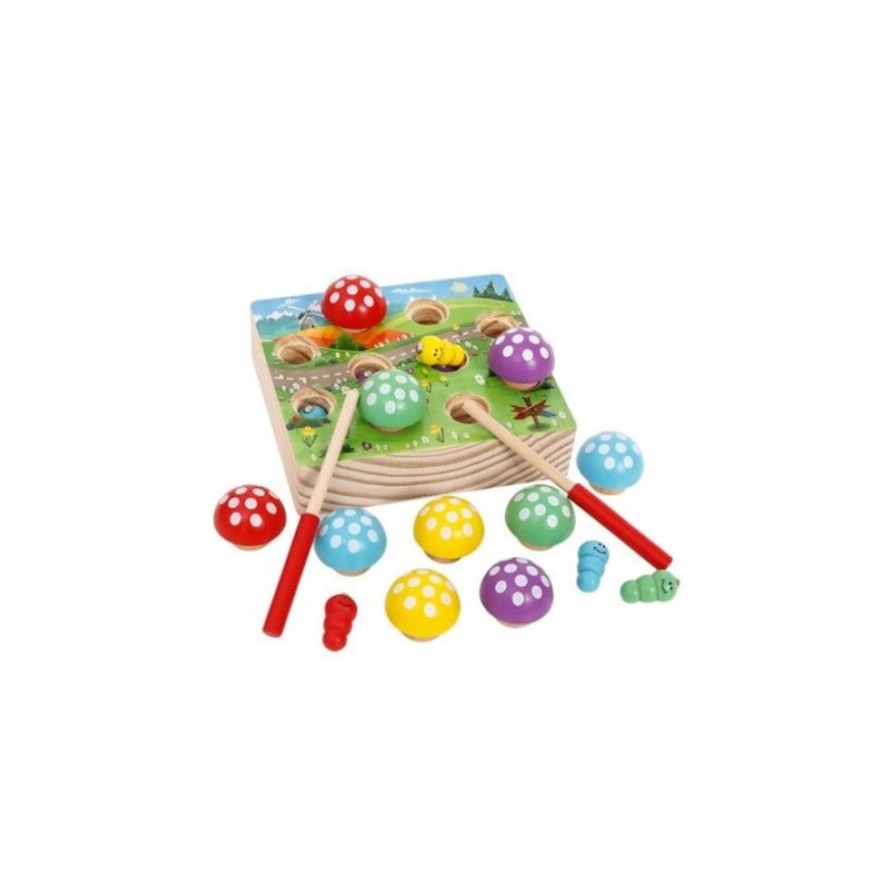 Tabla din lemn magnetica, cu ciupercute, pescuieste viermisorii, jucarie interactiva