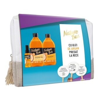 Set cadou Nature Box: Sampon Nature Box cu ulei de Argan, 385ml + Gel de dus Nature Box cu ulei de Argan, 385ml + Tratament pentru par Nature Box cu ulei de Argan, 70ml Set cadou Nature Box: Sampon Nature Box cu ulei de Argan, 385ml + Gel de dus Nature Box cu ulei de Argan, 385ml + Tratament pentru par Nature Box cu ulei de Argan, 70ml
