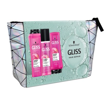 Set cadou Gliss Supreme Length pentru par lung: Sampon Gliss Supreme Length, 250ml + Balsam Gliss Supreme Length, 200ml + Balsam express Gliss Supreme Length, 200ml Set cadou Gliss Supreme Length pentru par lung: Sampon Gliss Supreme Length, 250ml + Balsam Gliss Supreme Length, 200ml + Balsam express Gliss Supreme Length, 200ml