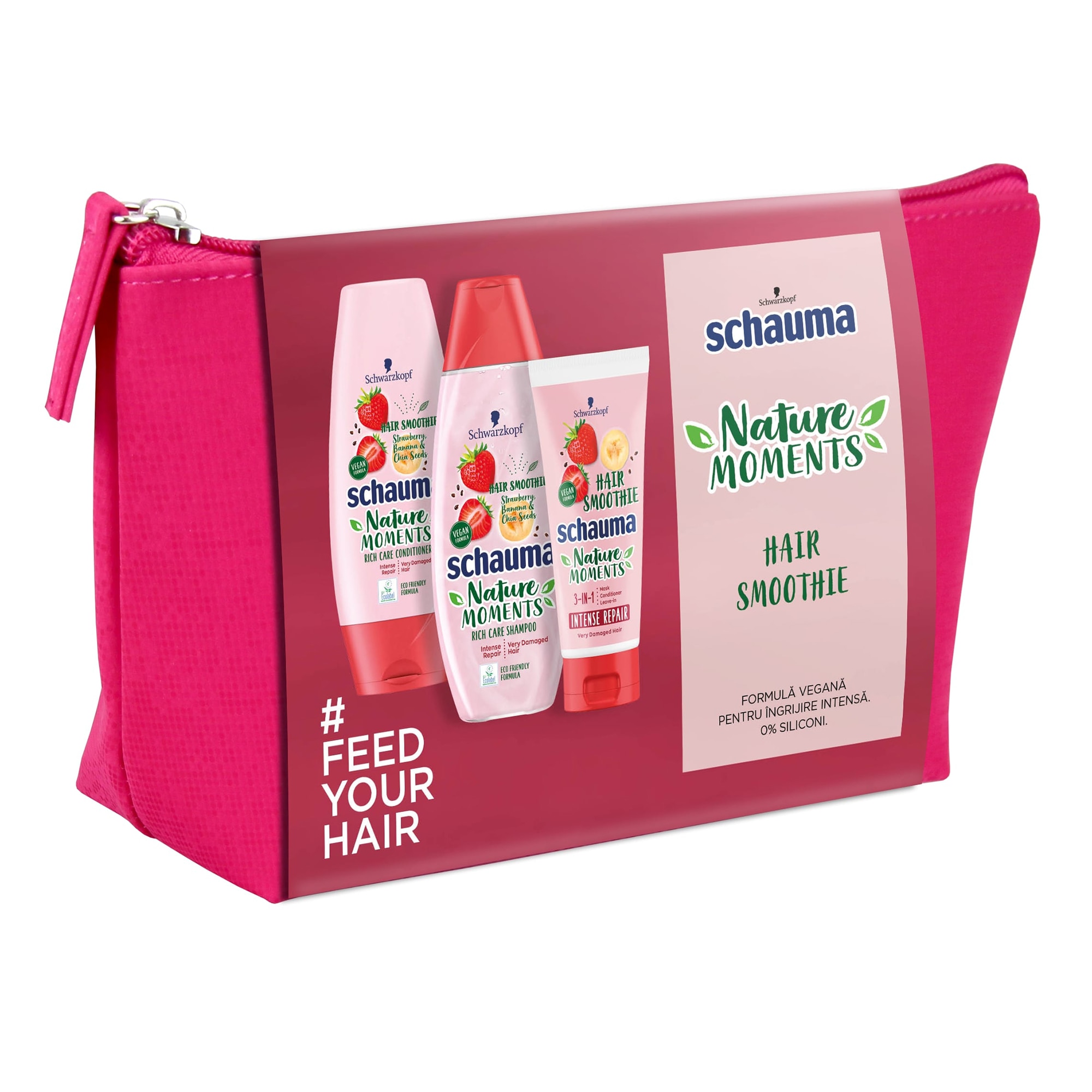 Set cadou Schauma Nature Moments Hair Smoothie cu capsuni, banane & seminte de chia: Sampon pentru ingrijire intensa, 250 ml + Balsam pentru ingrijire intensa, 200 ml + Tratament 3in1 pentru ingrijire intensa, 200 ml