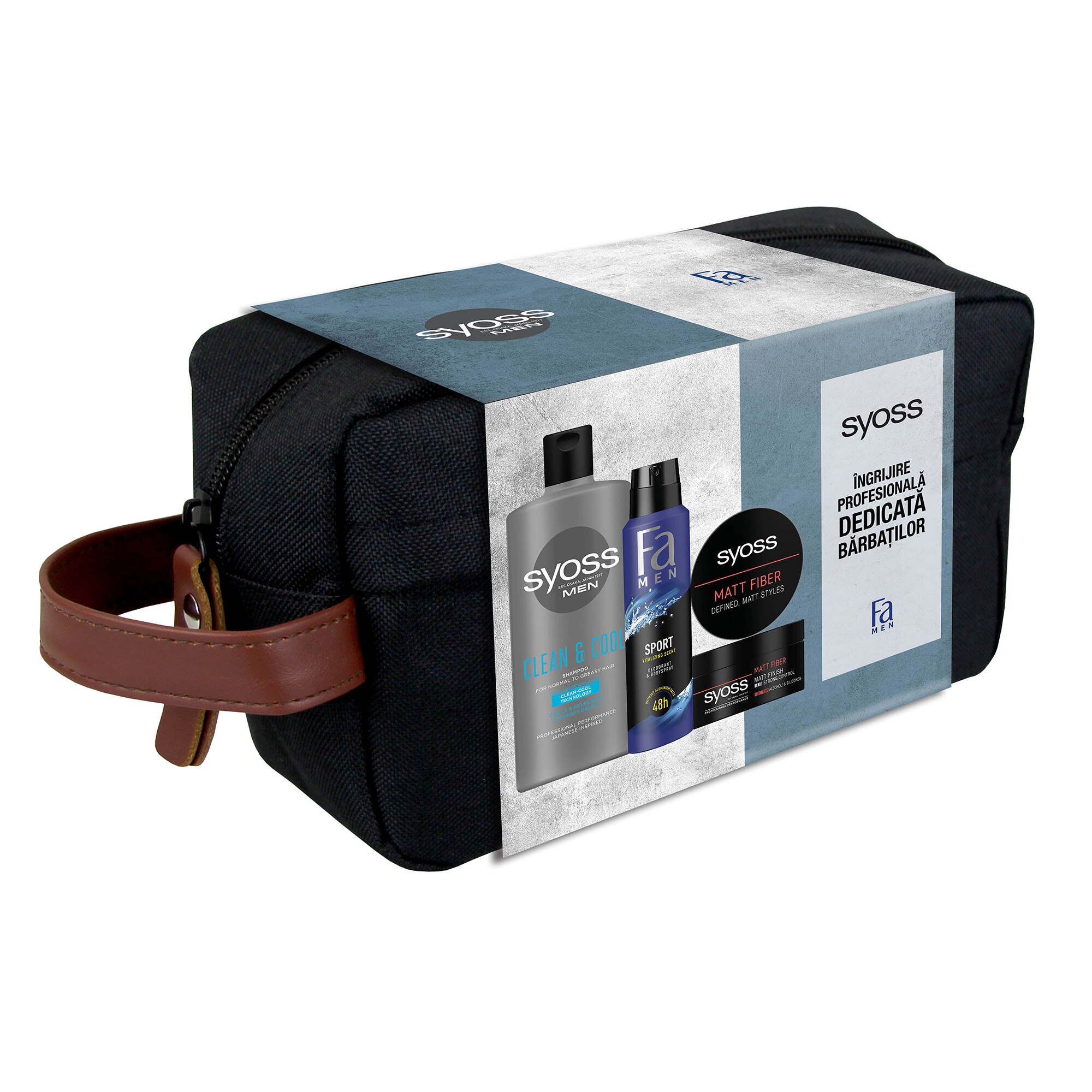 Set cadou pentru barbati: Sampon Syoss Clean & Cool, 440ml + Pasta modelatoare Syoss Matt Fiber, 100ml + Deodorant Fa Men Sport, 150ml