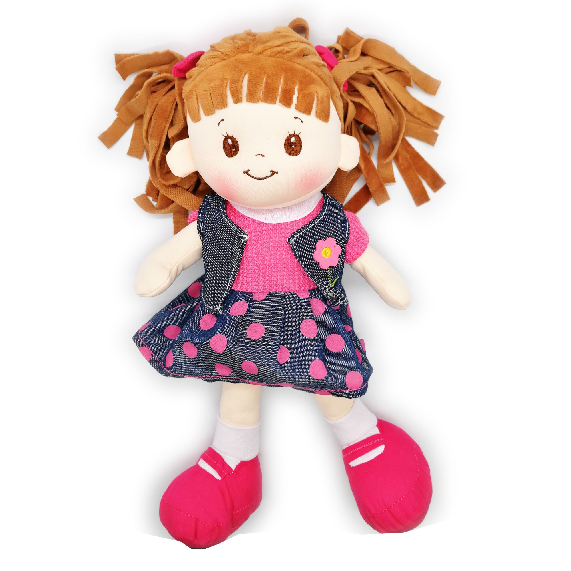 Papusa de Plus ADA Scolarita, 40cm, in vestuta bleumarin si parul in codite, care canta in limba romana