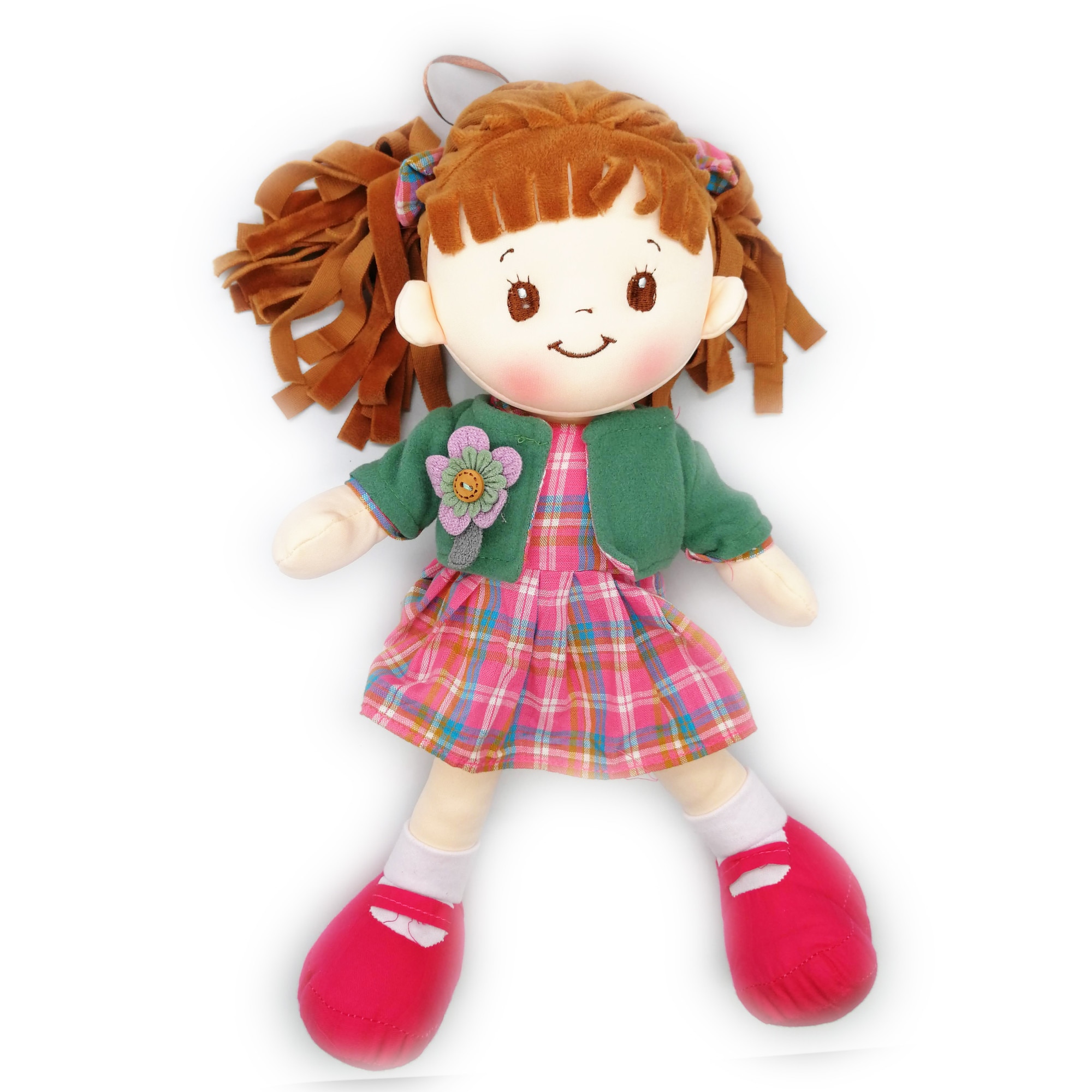 Papusa de Plus ADA Scolarita, 40cm, in vestuta verde si parul in codite, care canta in limba romana