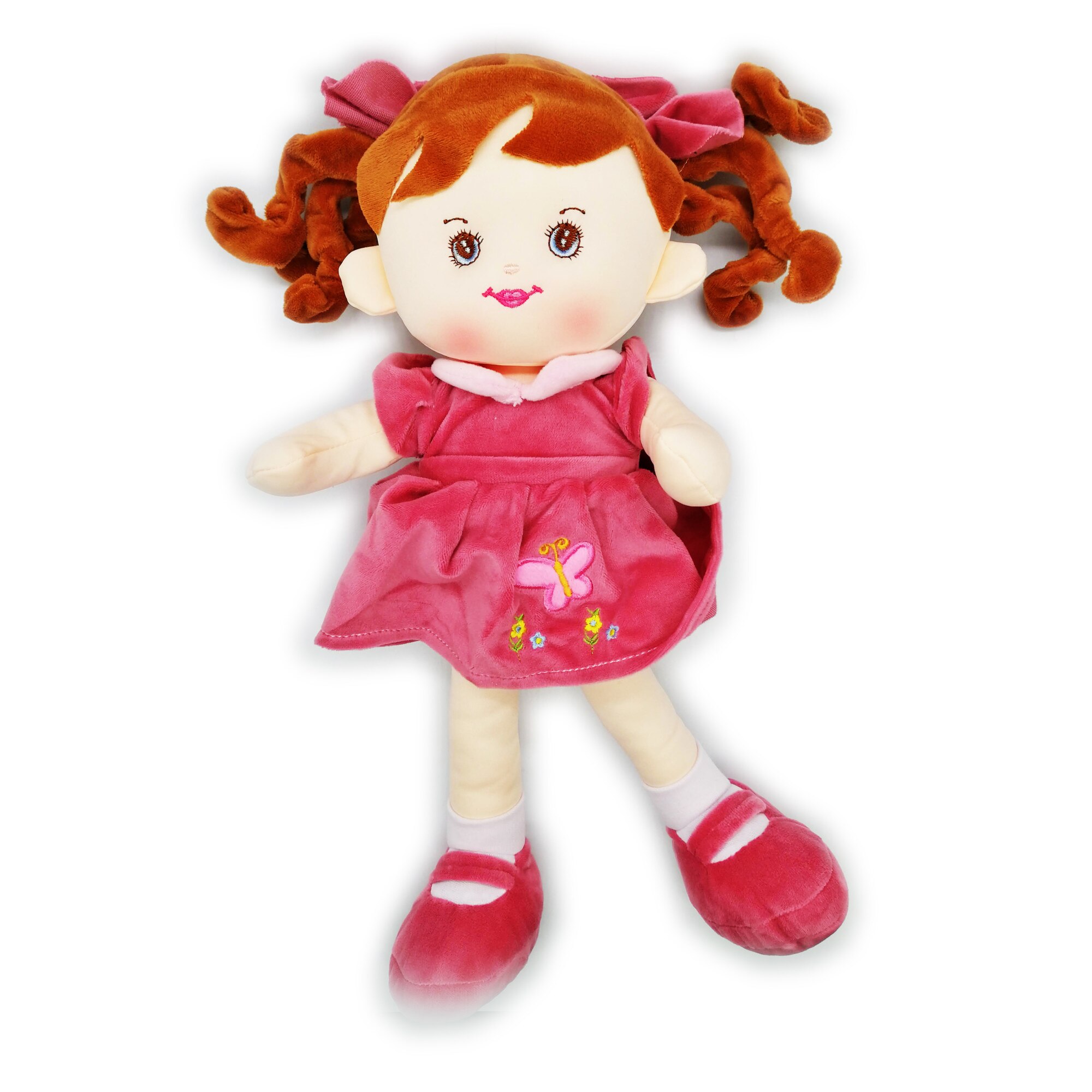 Papusa de Plus ADA, 40cm, in rochita mov cu fluturas si fundite in par, care canta in limba romana