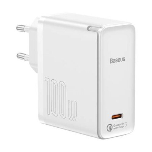 Incarcator de retea, Baseus GaN2, TZCCGAN-L02, 1 port USB-C, EU, Quick Charge, 100W, Universal, Alb, Cablu USB-C 5A, 1,5 m inclus